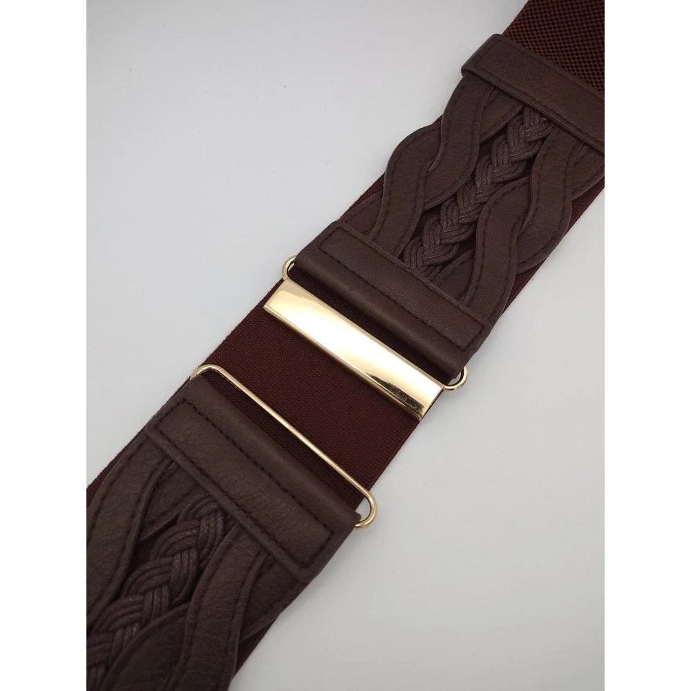 Brown Elastic Braided Waist Belt with Gold Accent